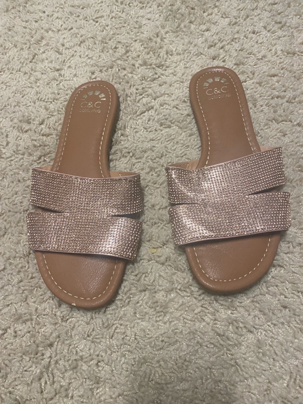C&C California Rose Gold Embellished Slide Sandals for Women